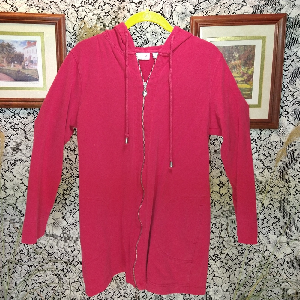Sport Savvy red trench length hooded zipper jacket lightweight with cell pockets